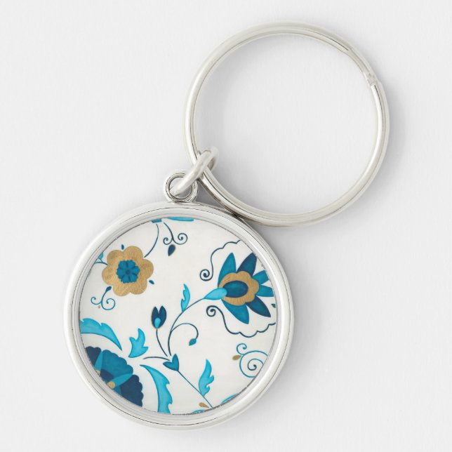 Gilded Indigo Flowers with White Background Key Ring (Front)