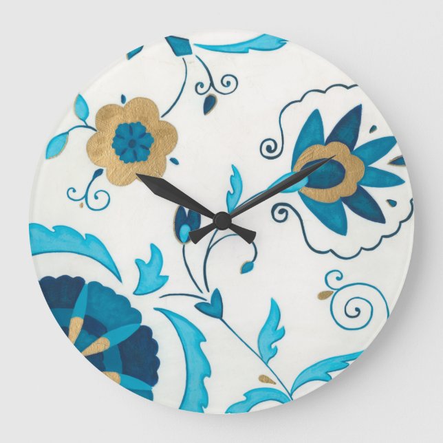 Gilded Indigo Flowers with White Background Large Clock (Front)