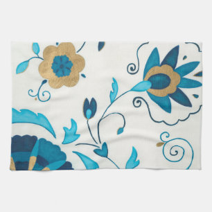 Gilded Indigo Flowers with White Background Tea Towel