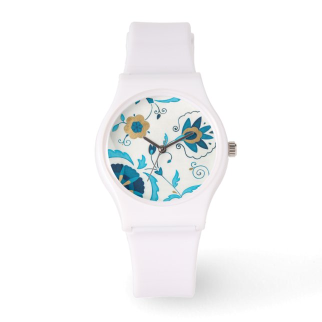 Gilded Indigo Flowers with White Background Watch (Front)