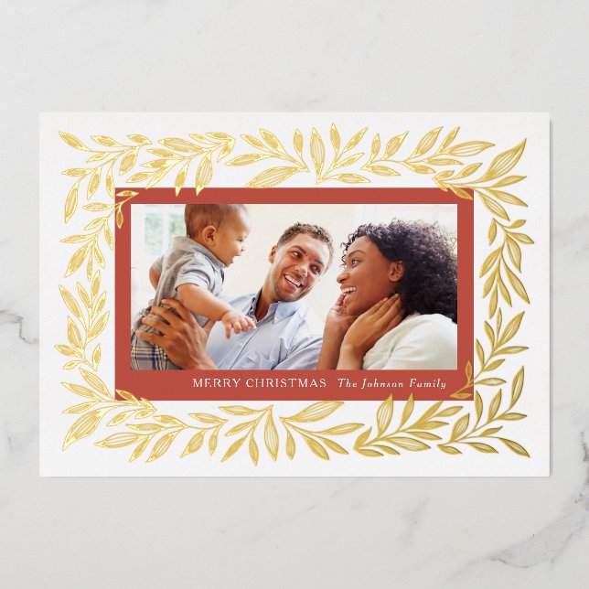 Gilded Leaves Instant Photo Frame Foil Holiday Card (Front)