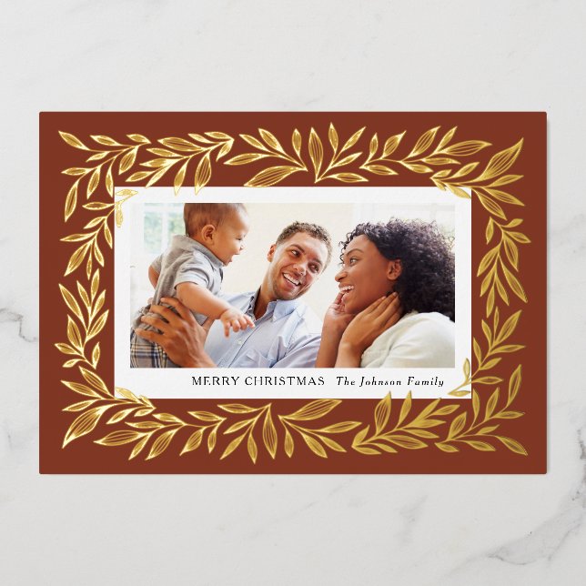 Gilded Leaves Instant Photo Frame Foil Holiday Card (Front)