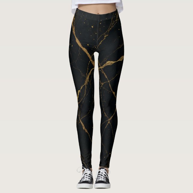 Gilded Midnight Marble Black & Gold  Leggings (Front)