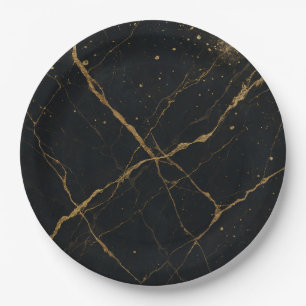 Gilded Midnight Marble Black & Gold Wedding  Paper Plate
