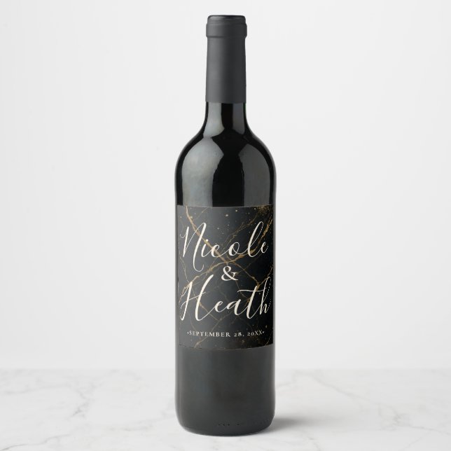 Gilded Midnight Marble Black & Gold Wedding  Wine Label (Front)