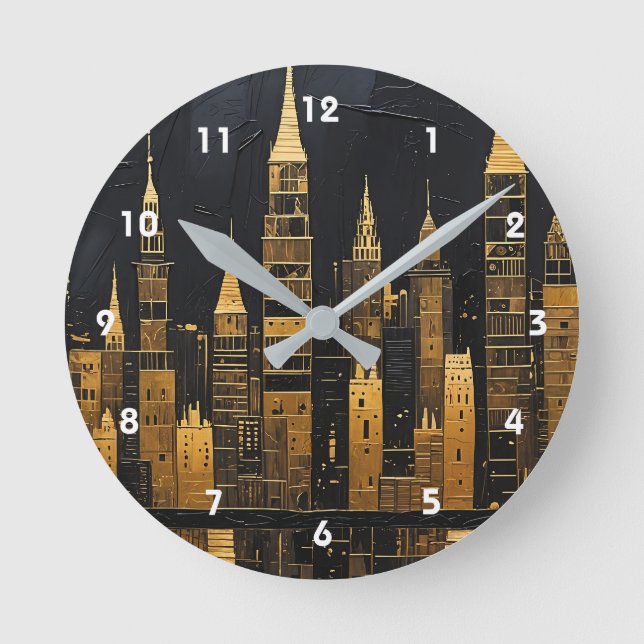 Gilded Midnight Skyline Round Clock (Front)