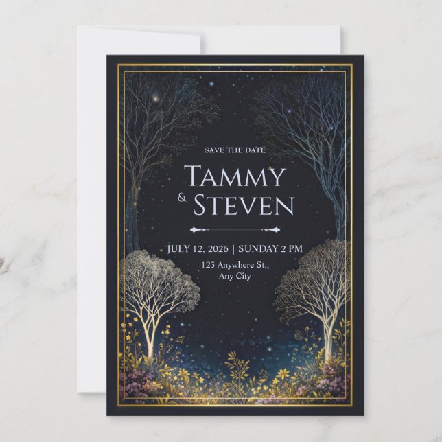 Gilded Midnight Wildflower Starlit Forest Wedding Invitation (Front)