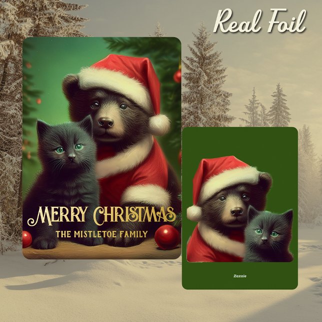 Gilded Midwinter Tale | Foil Bear & Kitten Foil Holiday Card (Vintage style Santa hat bear & kitten dressed as Father Christmas with Black Cat Holiday Family Card)