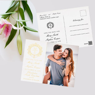 Gilded Monogram Photo Save The Date Postcards