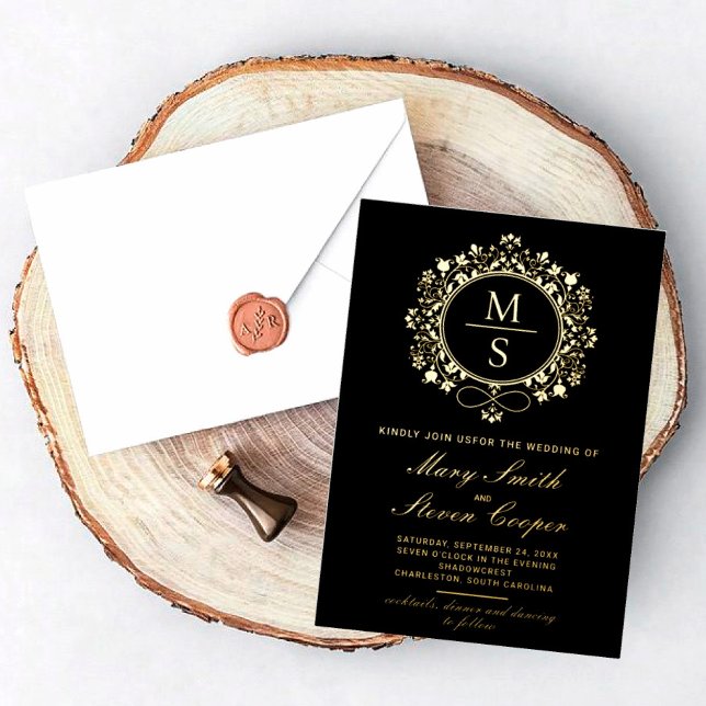 Gilded Monogram Wedding Invitations (I wish you happiness!)