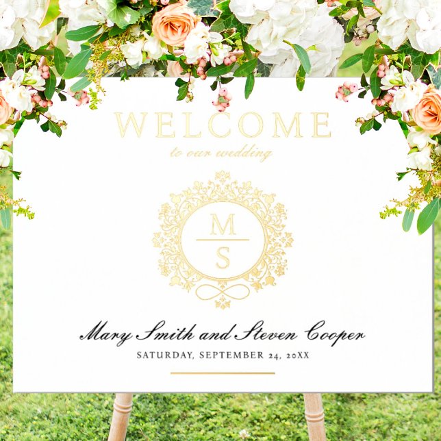 Gilded Monogram Wedding Welcome Sign (I wish you happiness!)