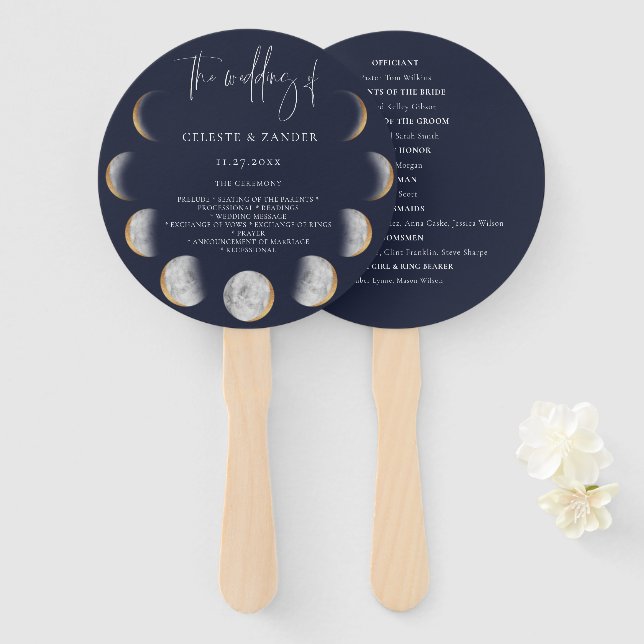 Gilded Moon Phases Wedding Program Hand Fan (Front and Back)