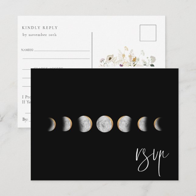 Gilded Moon Phases Wedding RSVP Song Request Invitation Postcard (Front/Back)