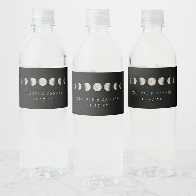 Gilded Moon Phases Wedding Water Bottle Label (Bottles)