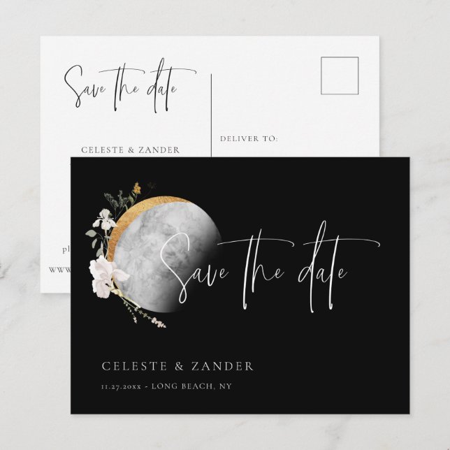 Gilded Moon Wildflower Wedding Save the Date Annou Announcement Postcard (Front/Back)