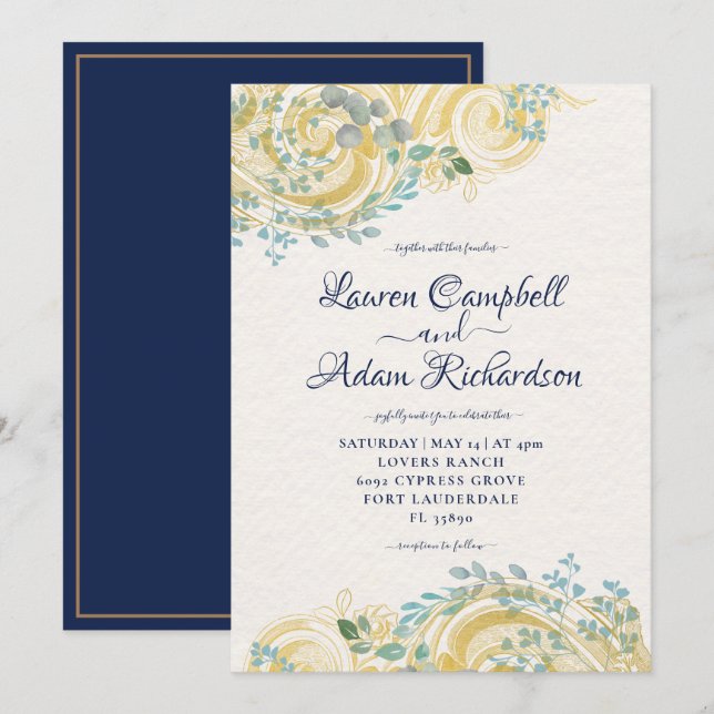 Gilded Navy Blue and Cream Foliage Invitation (Front/Back)