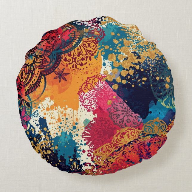 Gilded Papel Picado Lace Abstract Round Cushion (Back)