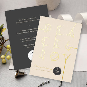 Gilded Peace & Joy Geo Lines Typography Business Foil Holiday Card