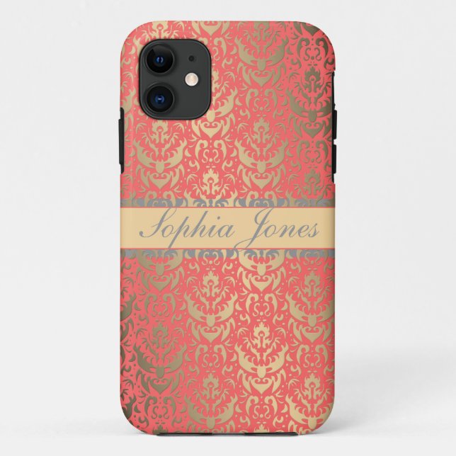 Gilded Peach Elegant Faux Shimmer Damask Case-Mate iPhone Case (Back)