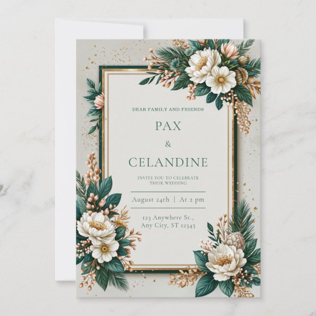 Gilded Pine Needle Neutral Botanical Wedding Invitation (Front)