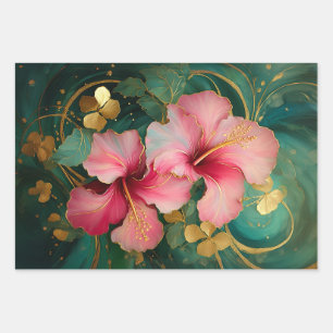 Gilded Pink Hibiscus, Coconut Grove Wrapping Paper Sheet