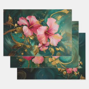 Gilded Pink Hibiscus, Coconut Grove Wrapping Paper Sheet