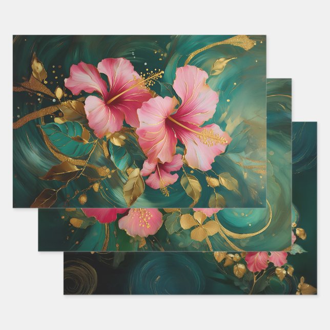 Gilded Pink Hibiscus, Coconut Grove Wrapping Paper Sheet (Set)