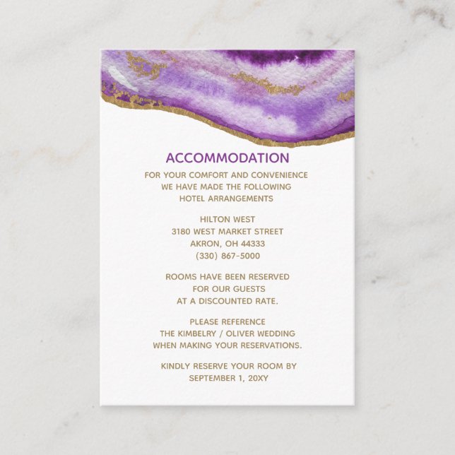 Gilded Purple Agate Wedding accommodation card (Front)