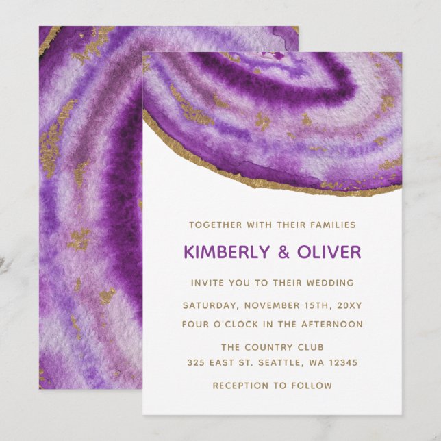 Gilded Purple Agate Wedding Invitations (Front/Back)