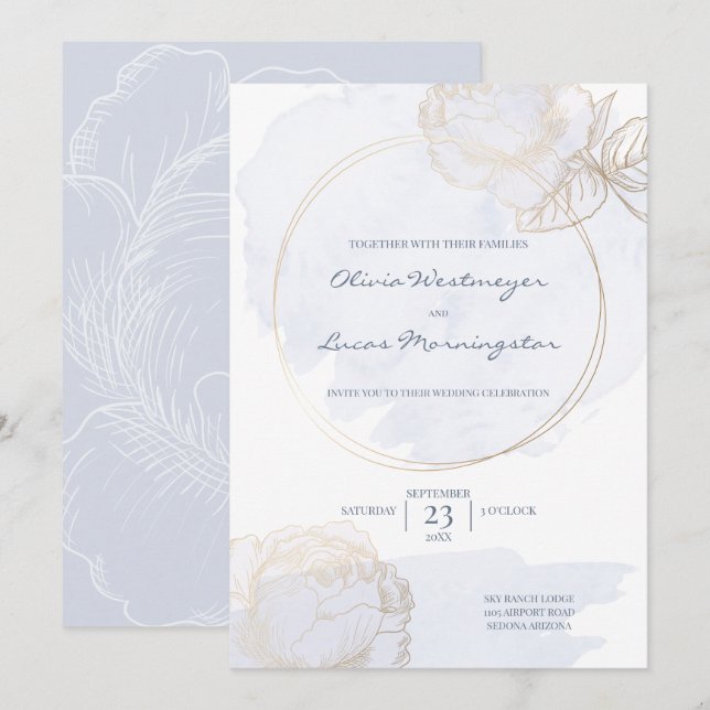 Gilded Rose Dusty Blue Watercolor Wedding Invitation (Front/Back)