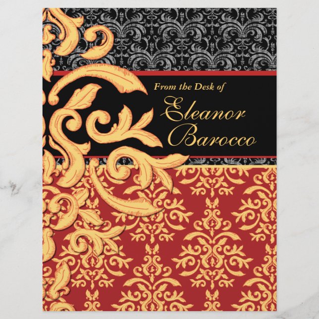Gilded Royal Red, Black & Gold Damask Letterhead (Front)