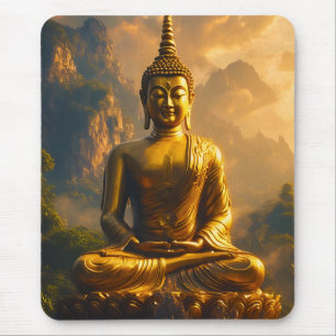 Gilded Seated Buddha Under a Sunset Sky Mouse Mat