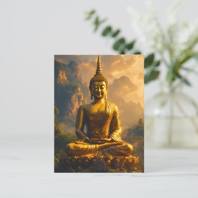 Gilded Seated Buddha Under a Sunset Sky Postcard (Standing Front)