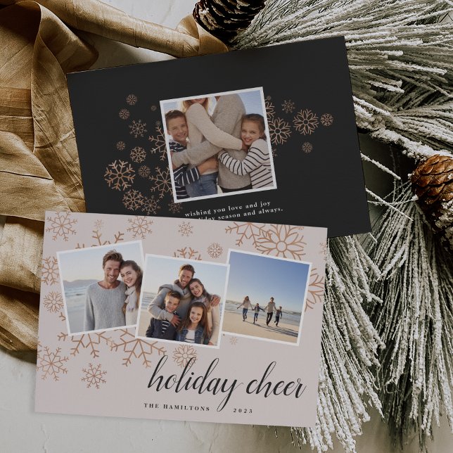 Gilded Snow | Rose Gold Snowflake Photo Collage Holiday Card (Creator Uploaded)