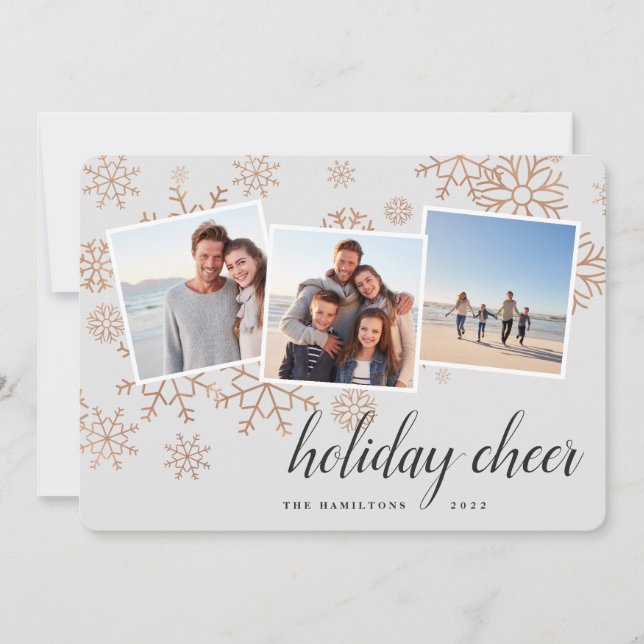 Gilded Snow | Rose Gold Snowflake Photo Collage Holiday Card (Front)