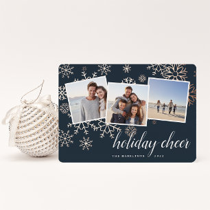 Gilded Snow Snowflake Photo Collage Rose Gold Foil Holiday Card