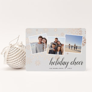 Gilded Snow   Snowflake Photo Collage Rose Gold Foil Holiday Card