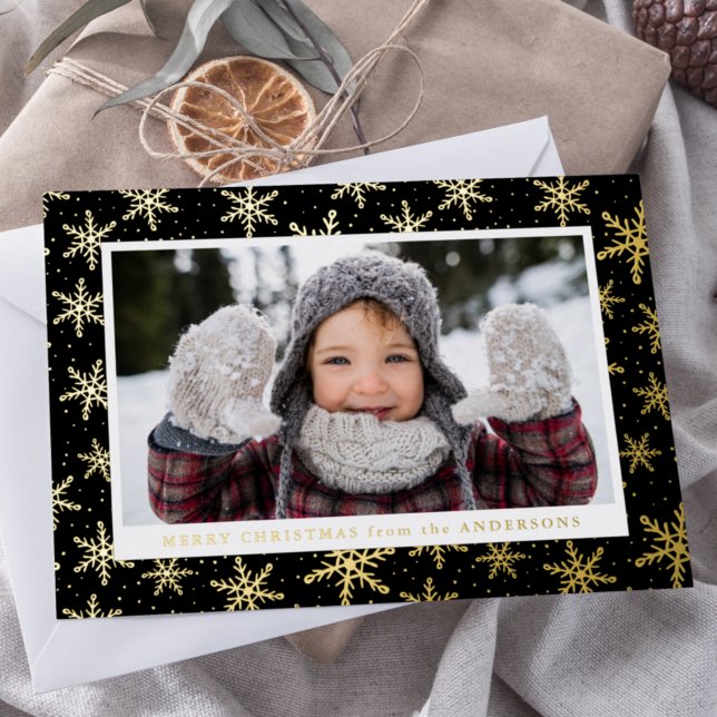 Gilded Snowflakes Photo Black and Gold Foil Holiday Card (Creator Uploaded)