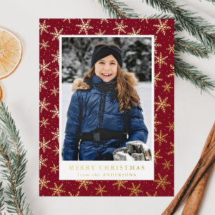 Gilded Snowflakes Photo Cranberry and Gold Foil Holiday Postcard