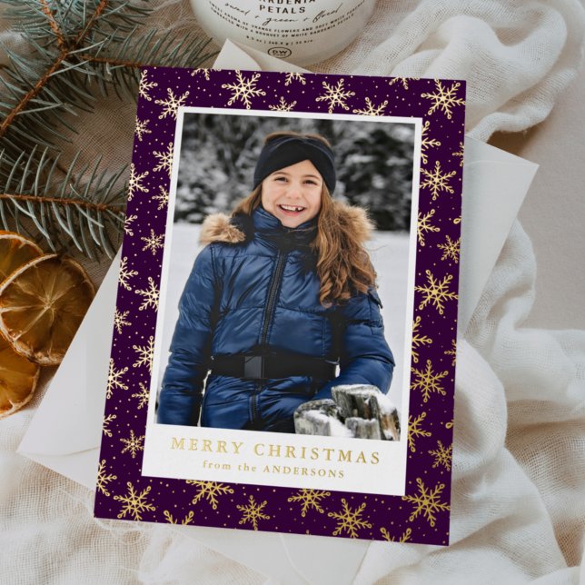 Gilded Snowflakes Photo Purple and Gold Foil Holiday Card (Creator Uploaded)