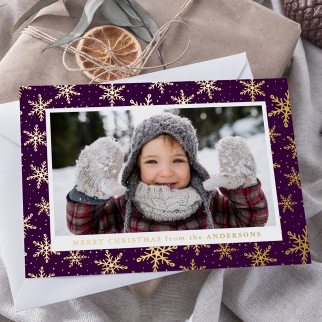 Gilded Snowflakes Photo Purple and Gold Foil Holiday Card (Creator Uploaded)