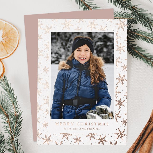 Gilded Snowflakes Photo Rose Gold Foil Holiday Card (Creator Uploaded)