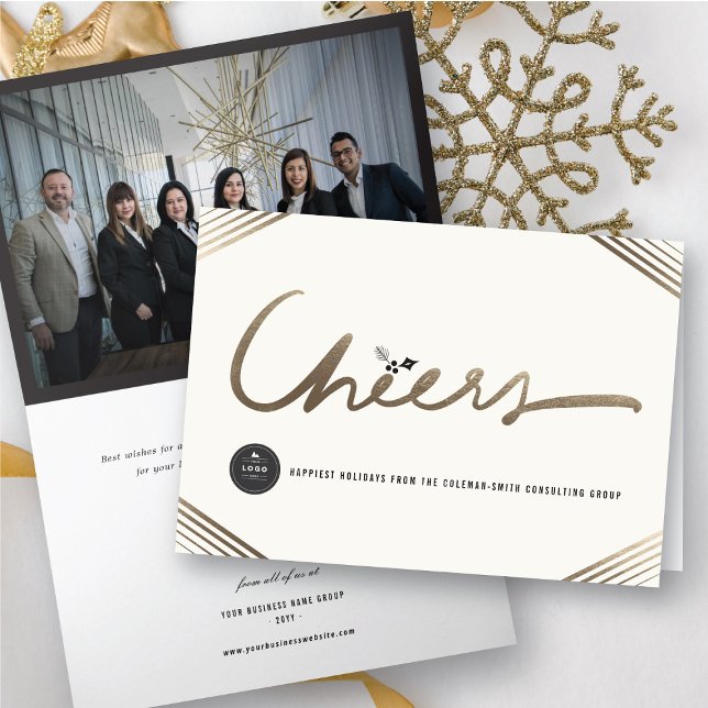 Gilded Stylish Gold Cheers Calligraphy Business Holiday Card (Creator Uploaded)