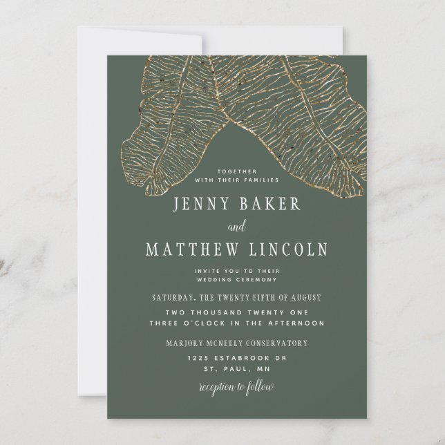 Gilded Tropics Gold Green Leaves Wedding Invitation (Front)