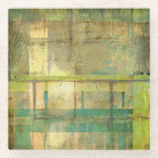 Gilded Turquoise and Green Abstract Painting Glass Coaster (Front)