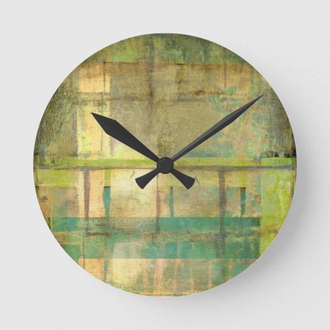 Gilded Turquoise and Green Abstract Painting Round Clock (Front)