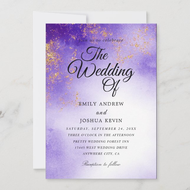 Gilded tyrian purple wedding invitations (Front)