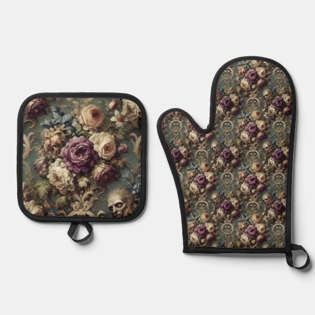 Gilded Unease – Gothic Victorian Oven Mitt & Pot Holder Set (Front)
