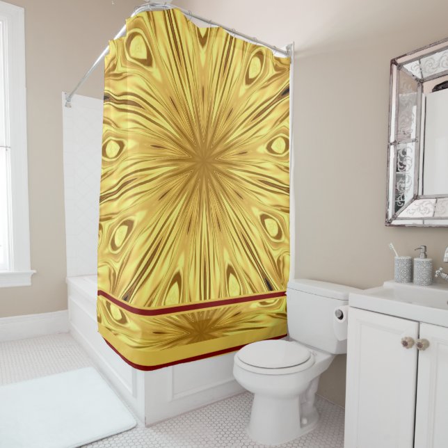 Gilded Zenith: Crimson & Gold Molten Swirl Luxury  Shower Curtain (In Situ)