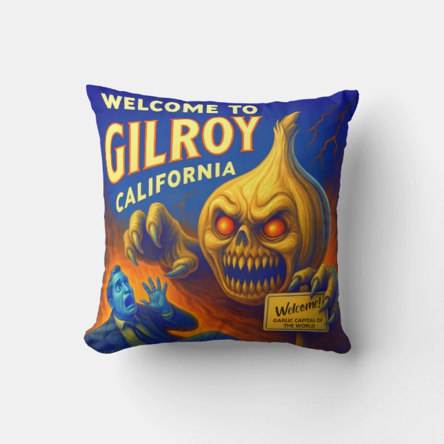 GILROY, CALIFORNIA 16" X 16" GARLIC THROW PILLOW. CUSHION (Front)